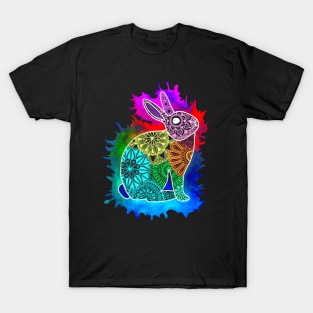 Rainbow rabbit mandala with watercolor splash T-Shirt